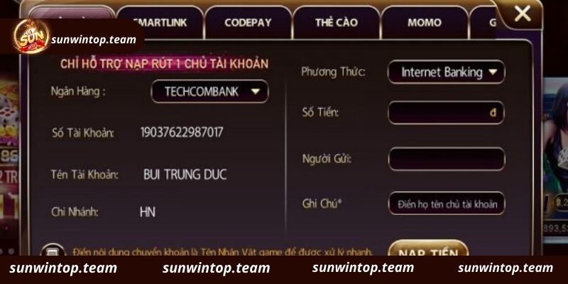 Nạp tiền Sunwin tiện ích qua Ngân hàng địa phương